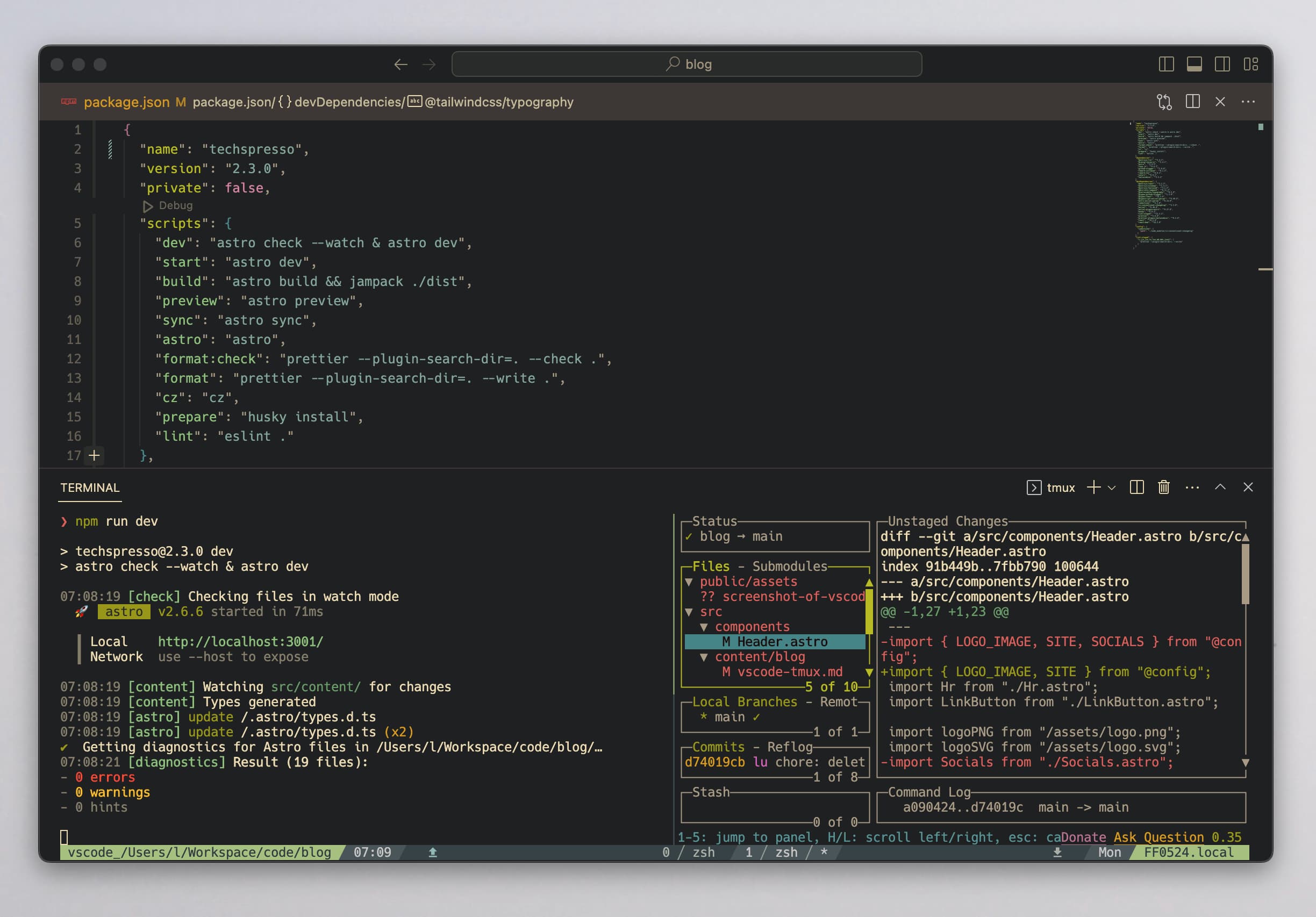 Screenshot of VSCode with Tmux running in the terminal